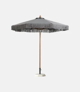 Wooden umbrella Ø 2.50 m with grey acrylic canopy and fringe