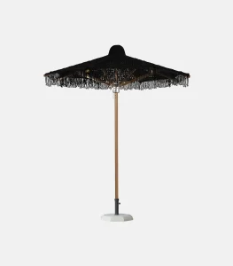 Hand-woven rope wooden beach umbrella with fringe Ø 2.20 / Ø 2.50 m – black