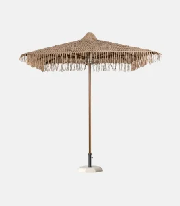 Square hand-woven rope wooden beach umbrella with fringe 2.30 x 2.30 m (natural)